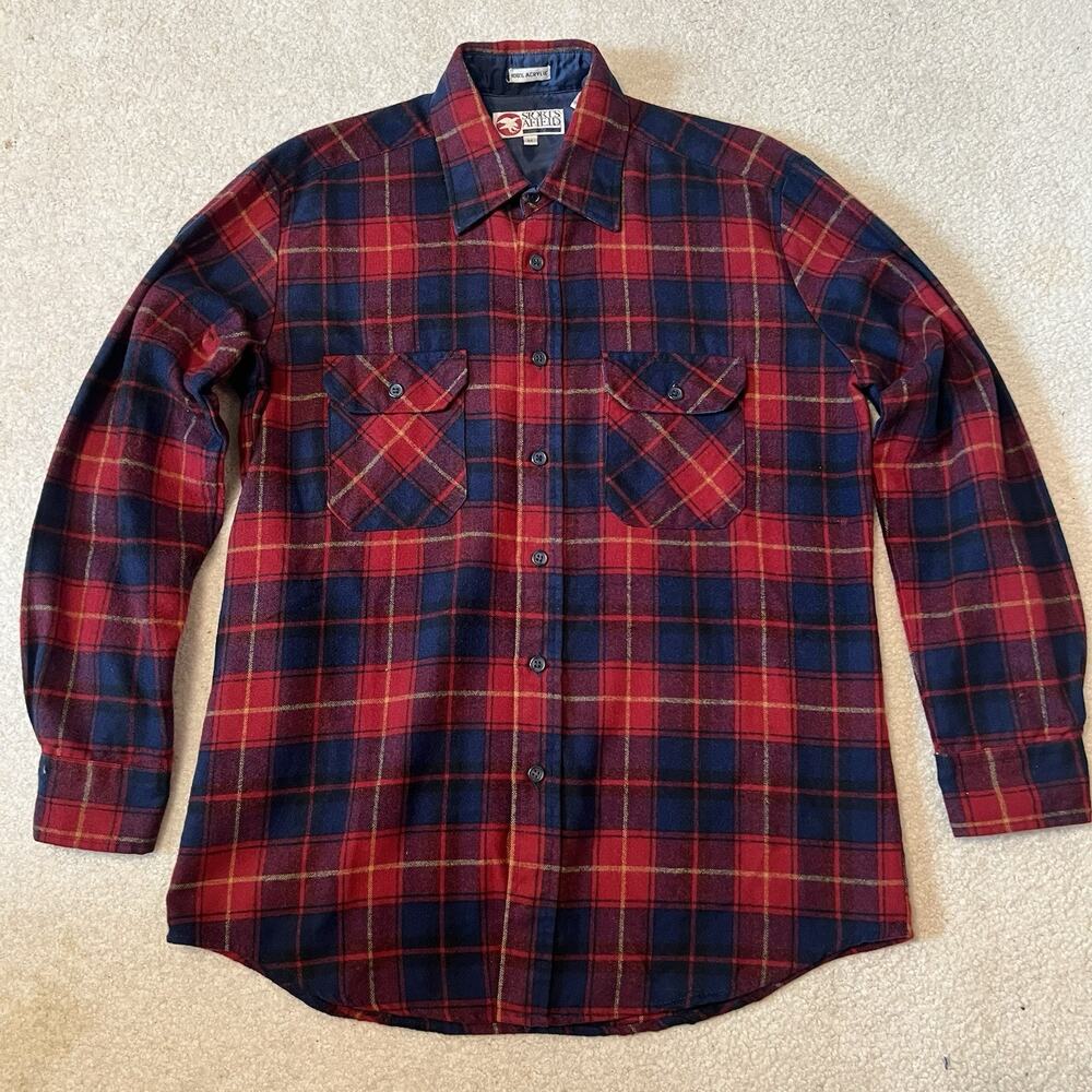 Vintage Sports Afield Medium Plaid Flannel Shirt Red Blue Button Down Front USA
